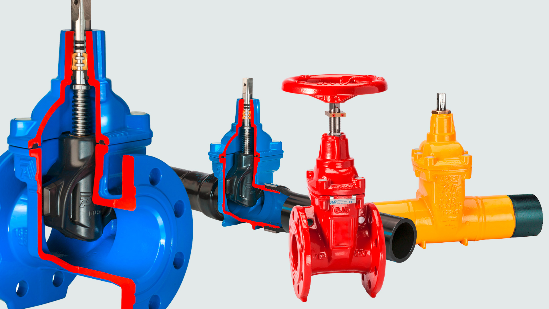 AVK gate valves with cutaway and visible wedge